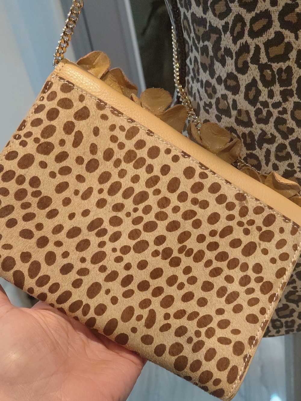 Floral Applique Calf Hair Leopard-Print Crossbody Bag in Beige - Picture 6 of 14